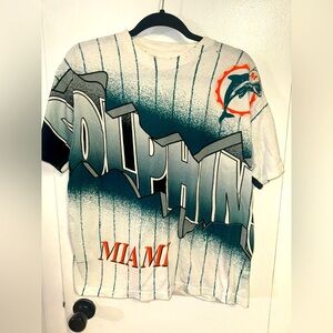 VINTAGE ALL OVER PRINT NFL MIAMI DOLPHINS TEE SHIRT 1994 L MADE USA Double Sided
